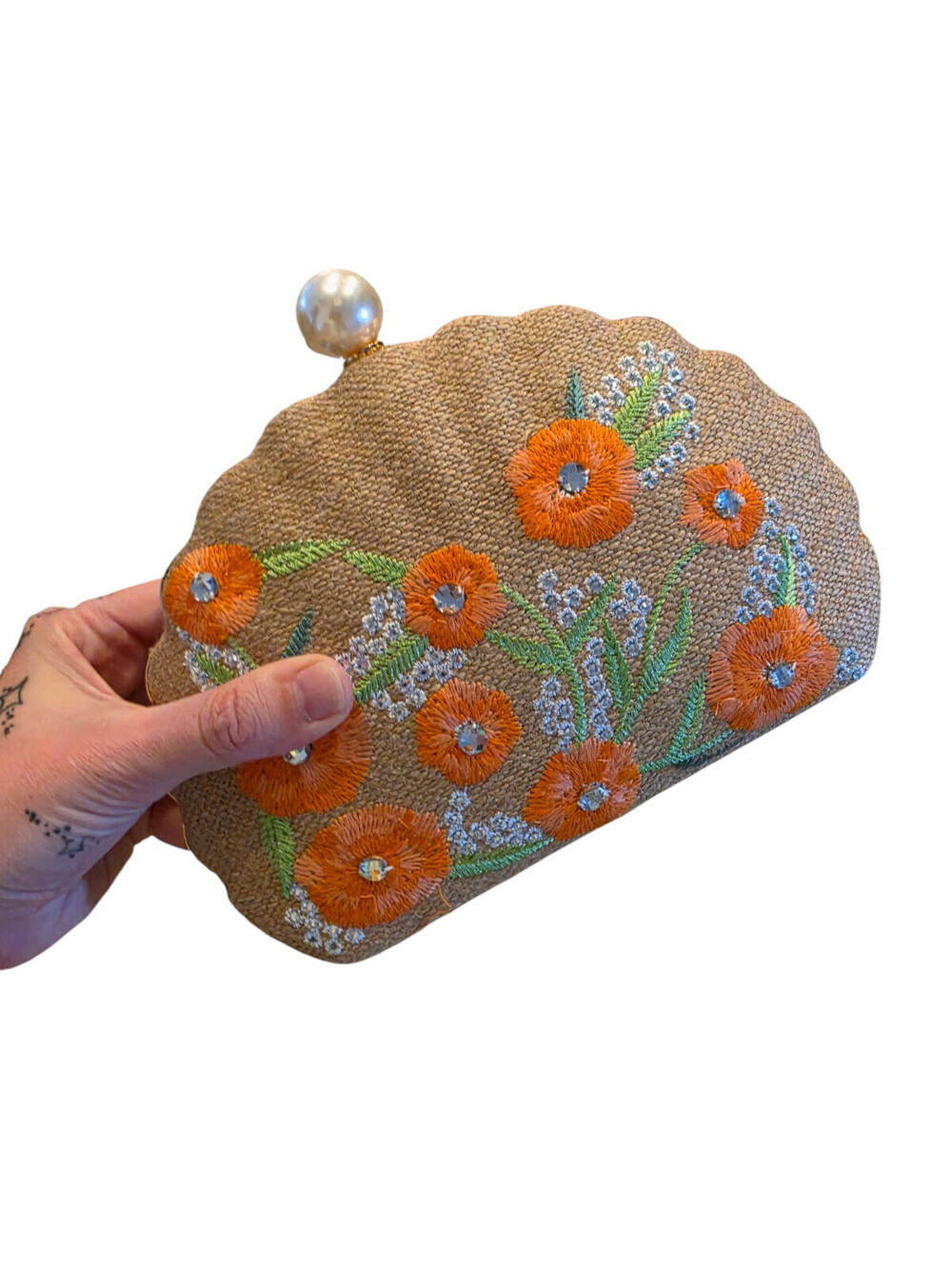 Haute Hippie Clamshell Floral Beaded Jute Handbag Clutch Orange - Picture 7 of 7